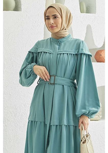 6605-CARLA Büzgülü Kuşaklı Elbise Mint Yeşili fiyatları