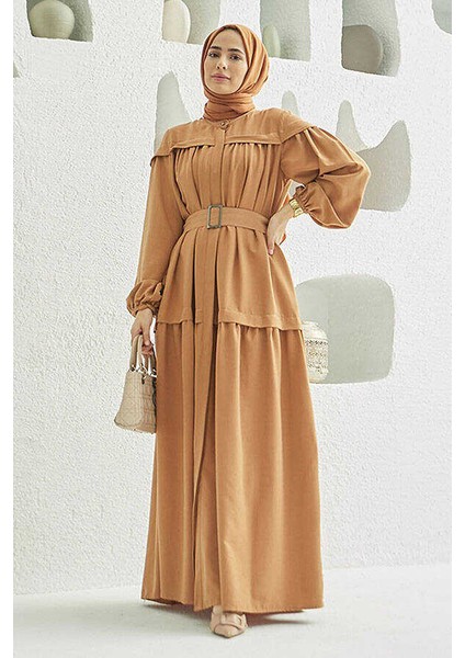 6605-CARLA Büzgülü Kuşaklı Elbise Camel fiyatları