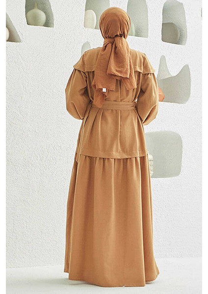 6605-CARLA Büzgülü Kuşaklı Elbise Camel fırsatları