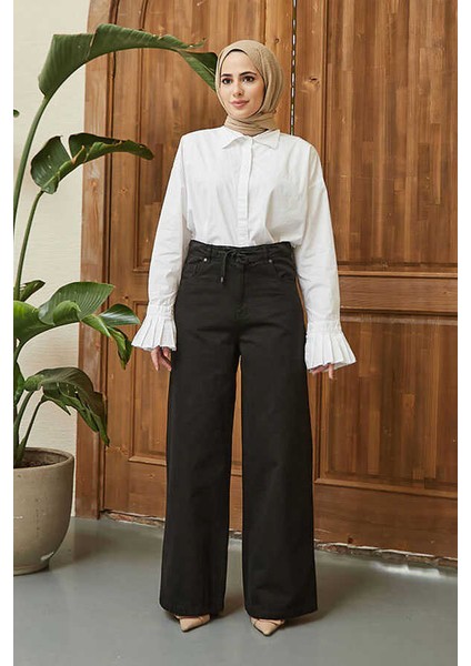 1123-BAĞCIKLI Bol Paça Pfd Pantolon Siyah