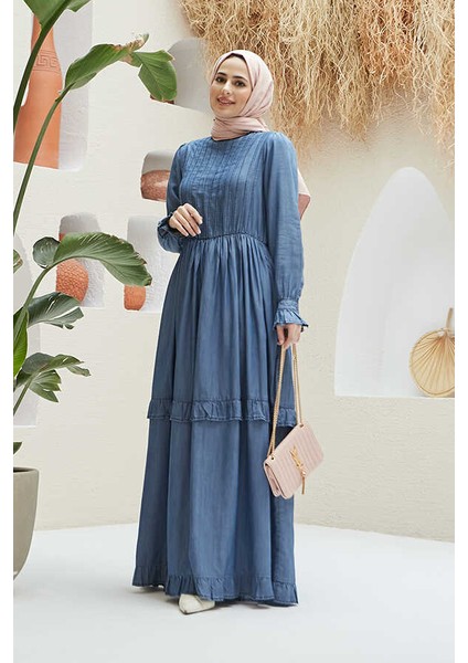 6616-NERVÜRLÜ Fırfırlı Elbise Koyu Mavi