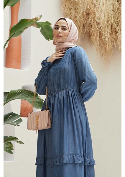 6616-NERVÜRLÜ Fırfırlı Elbise Koyu Mavi fiyatları