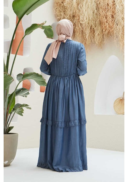6616-NERVÜRLÜ Fırfırlı Elbise Koyu Mavi modelleri
