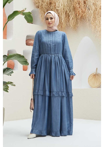 6616-NERVÜRLÜ Fırfırlı Elbise Koyu Mavi fırsatları