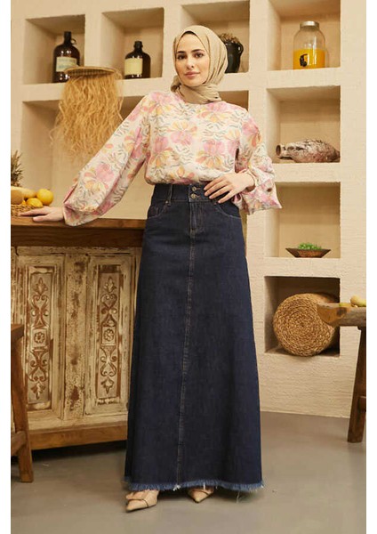 2252-DENIM Püsküllü Etek Lacivert