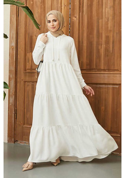 6531-KREP Kapşonlu Reglan Kollu Elbise Beyaz