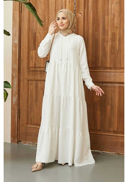 6531-KREP Kapşonlu Reglan Kollu Elbise Beyaz fiyatları