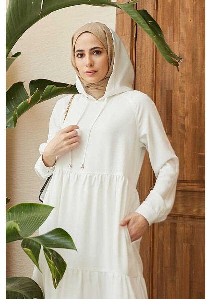 6531-KREP Kapşonlu Reglan Kollu Elbise Beyaz modelleri