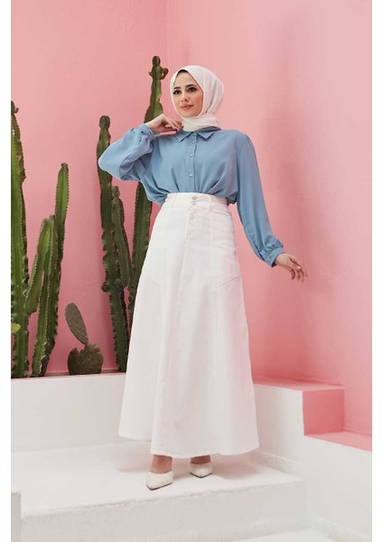 2195-MEVLANA Denim Etek Beyaz fiyatları