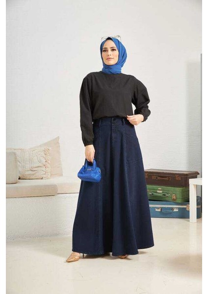 2195-MEVLANA Denim Etek Lacivert