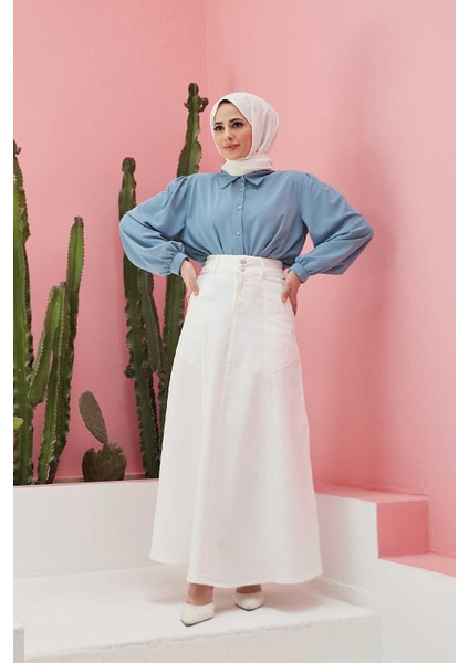 2195-MEVLANA Denim Etek Beyaz
