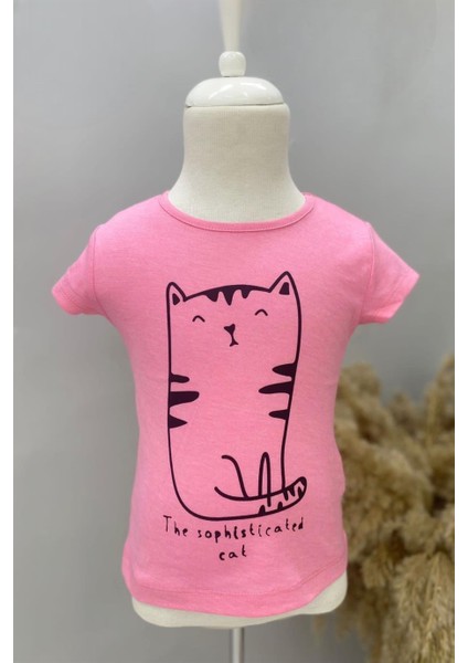 Kız Çocuk Kedi Baskılı Kısa Kollu T-Shirt 219341 Pembe