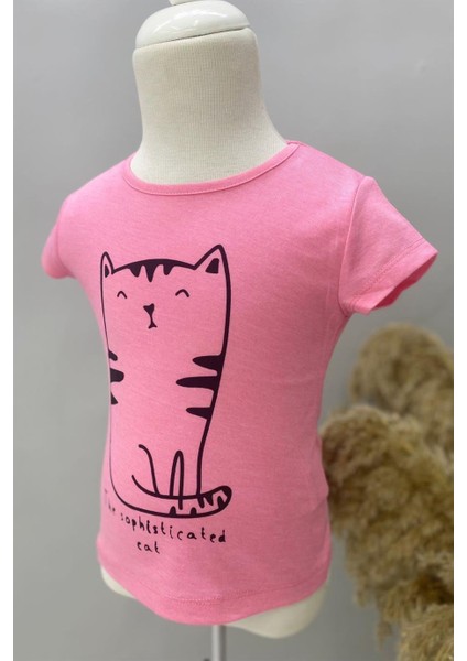 Kız Çocuk Kedi Baskılı Kısa Kollu T-Shirt 219341 Pembe