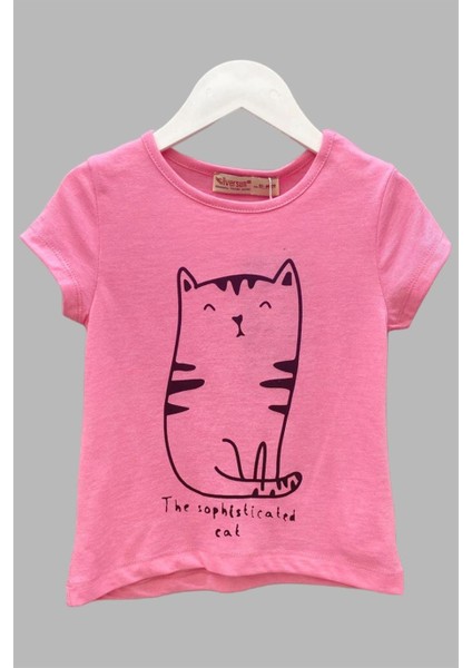 Kız Çocuk Kedi Baskılı Kısa Kollu T-Shirt 219341 Pembe