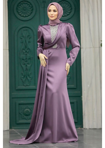 Tesettürlü Abiye Elbise - Kuyruklu Gül Kurusu Saten Tesettür Abiye 22891GK