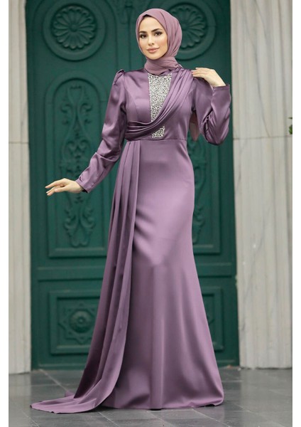 Tesettürlü Abiye Elbise - Kuyruklu Gül Kurusu Saten Tesettür Abiye 22891GK fiyatları