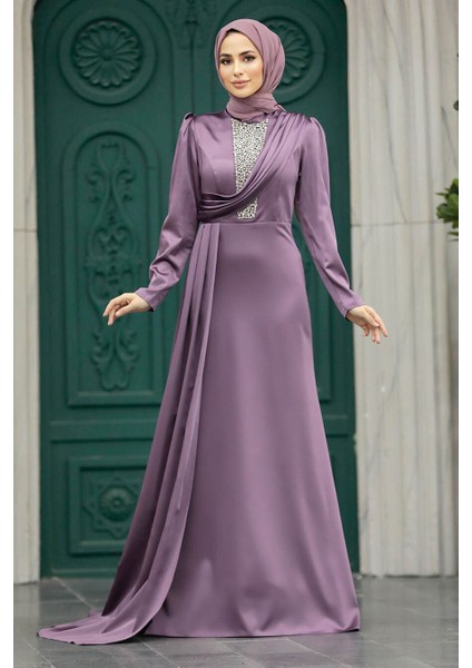 Tesettürlü Abiye Elbise - Kuyruklu Gül Kurusu Saten Tesettür Abiye 22891GK modelleri