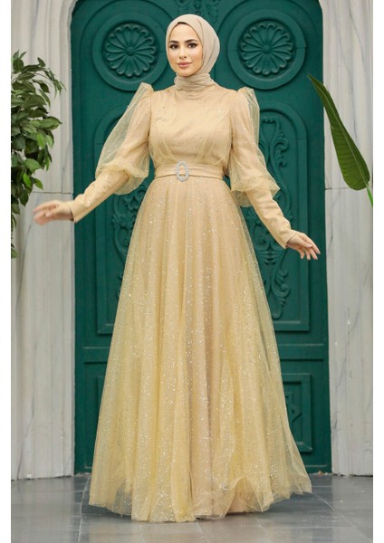 Tesettür Abiye Elbise - Simli Gold Tesettür Abiye Elbise 23041GOLD