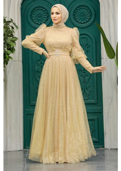 Tesettür Abiye Elbise - Simli Gold Tesettür Abiye Elbise 23041GOLD