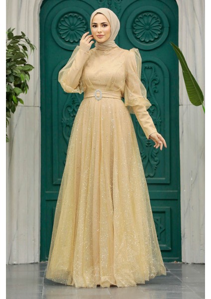 Tesettür Abiye Elbise - Simli Gold Tesettür Abiye Elbise 23041GOLD
