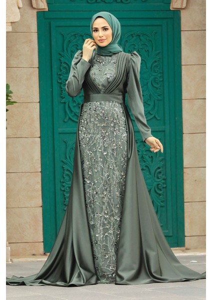 Tesettür Abiye Elbise - Pul Işlemeli Haki Tesettür Abiye Elbise 23082HK