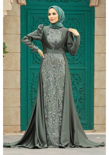 Tesettür Abiye Elbise - Pul Işlemeli Haki Tesettür Abiye Elbise 23082HK