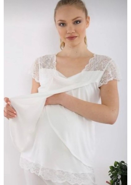 -9228-DANTELLI Hamile Pijama Takımı-Ekru