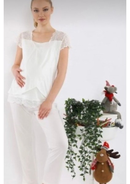 -9228-DANTELLI Hamile Pijama Takımı-Ekru fiyatları