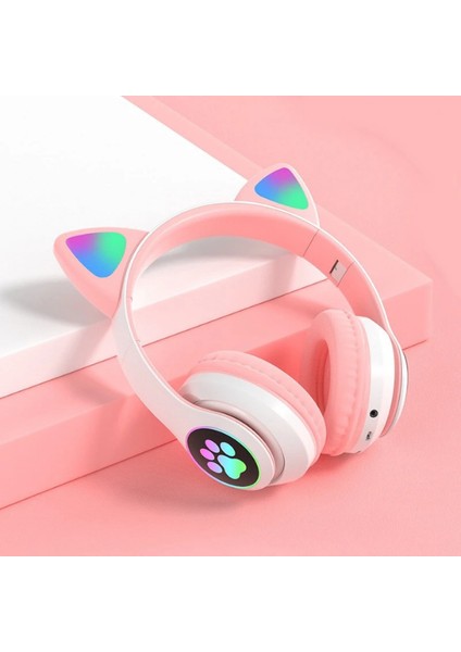 Stn-28 LED Işıklı Kedi Kulak Sevimli Bluetooth 5.0 Wireless Kulak Üstü Kulaklık