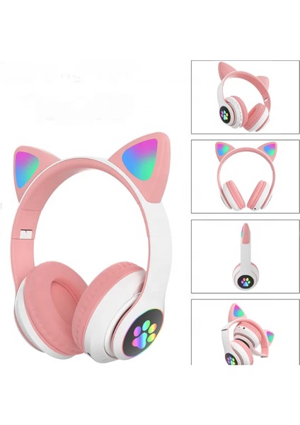 Stn-28 LED Işıklı Kedi Kulak Sevimli Bluetooth 5.0 Wireless Kulak Üstü Kulaklık