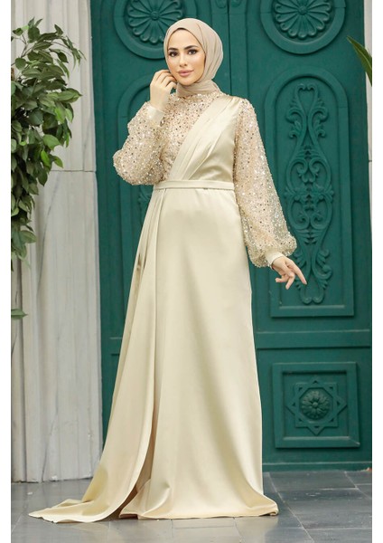 Tesettür Abiye Elbise - Pul Işlemeli Gold Tesettür Abiye Elbise 2311GOLD