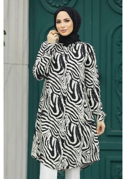 - Desenli Siyah Tesettür Viskon Tunik 11633S