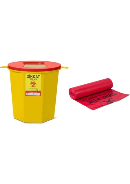 Tıbbi Atık Kovası Kutusu 10 Lt - 10 Adet + Tıbbi Atık Torbası Poşeti 55CM*60CM - 1 Rulo