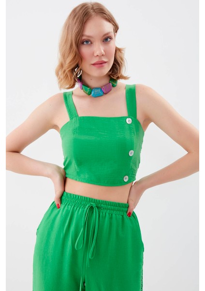 Sedef Düğmeli Sırtı Gipeli Crop Bluz