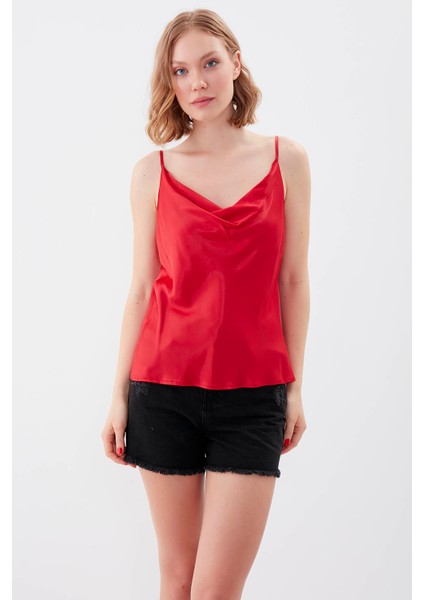 Ip Askılı Degaje Yaka Saten Bluz