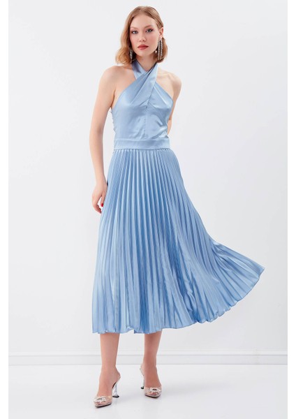 Sırt Dekolteli Boyundan Bağlamalı Piliseli Elbise fiyatları