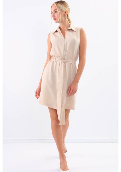 Beli Bağlamalı Önü Fermuarlı Kolsuz Elbise fiyatları