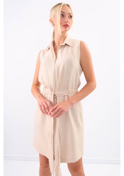 Beli Bağlamalı Önü Fermuarlı Kolsuz Elbise modelleri