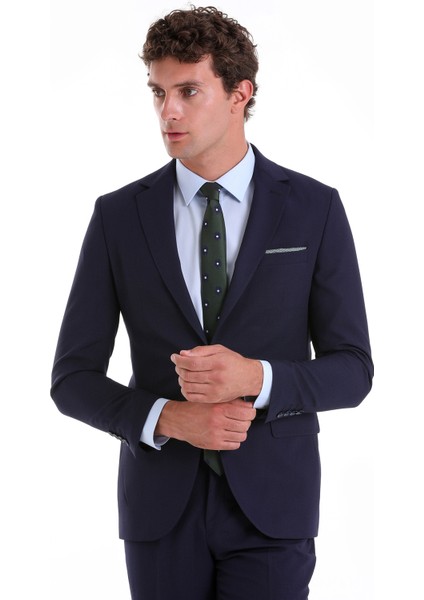 Lacivert D. Slim Fit Mono Yaka Desenli Klasik Takım Elbise fırsatları