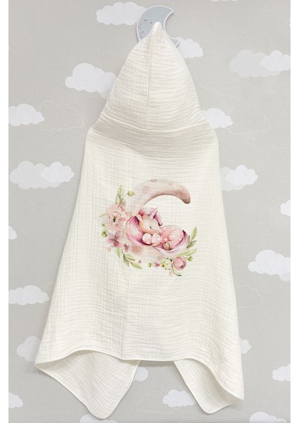 4 Kat Müslin Kapüşonlu Havlu - For Baby Serisi - Ayda Uyuyan Unicorn