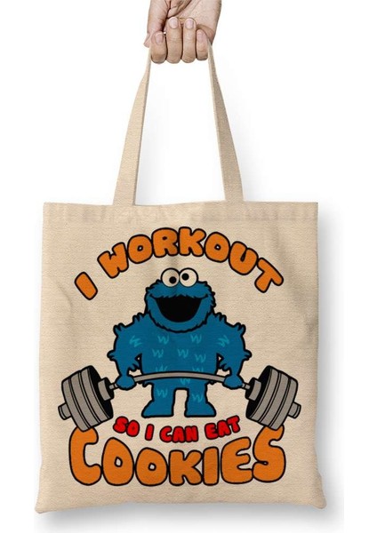Cookie Monster Workout Kurabiye Canavarı Bez Çanta Uzun Saplı