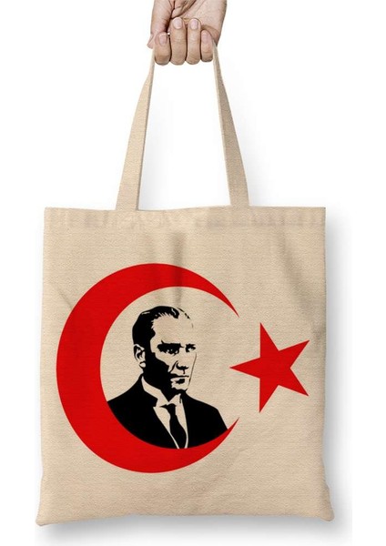 Mustafa Kemal Atatürk Türk Bayrağı Bez Çanta Uzun Saplı