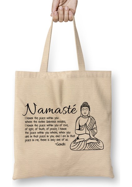 Yoga Namaste Yazı Meditasyon 01 Bez Çanta Uzun Saplı