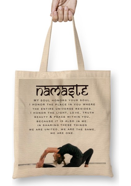 Namaste Yazı Meditasyon Bez Çanta Uzun Saplı
