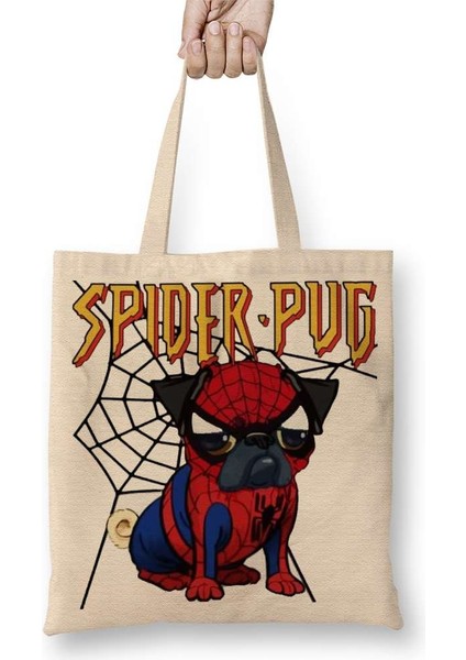 Spider Pug Köpek Örümcek Adam Bez Çanta Uzun Saplı