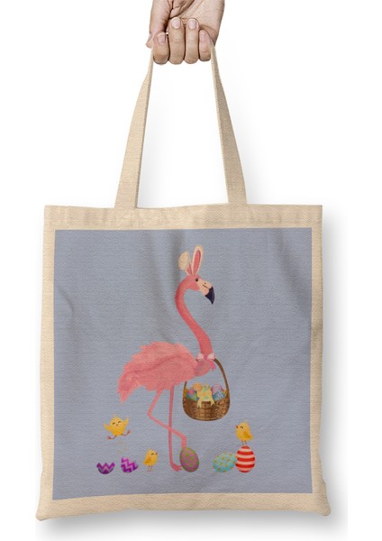 Pretty Easter Flamingo With Easter Basket Bez Çanta Uzun Saplı