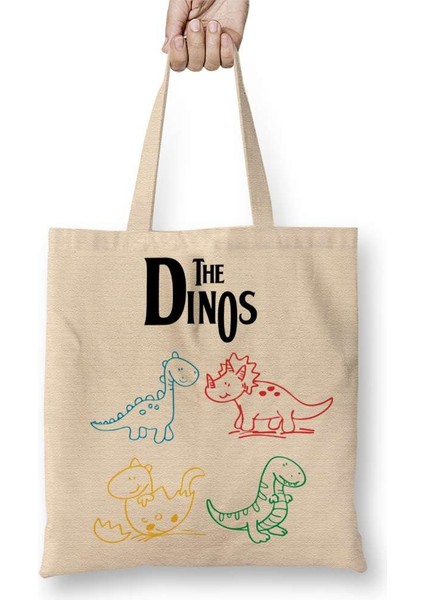 The Dinos White Dinozorlar Bez Çanta Uzun Saplı