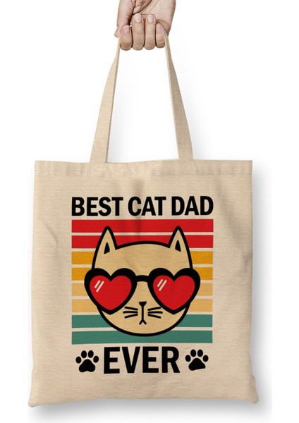 Best Cat Dad Ever Retro Design For Cats Lover Dads Aşk Kedi Bez Çanta Uzun Saplı