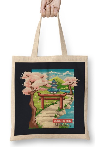 Leave The Road Take The Trails Japanese Garden Pixel Art Bez Çanta Uzun Saplı