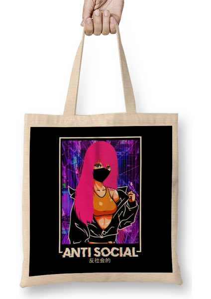Anti Social Anime Girl Vaporwave Kawaii Aesthetic Bez Çanta Uzun Saplı